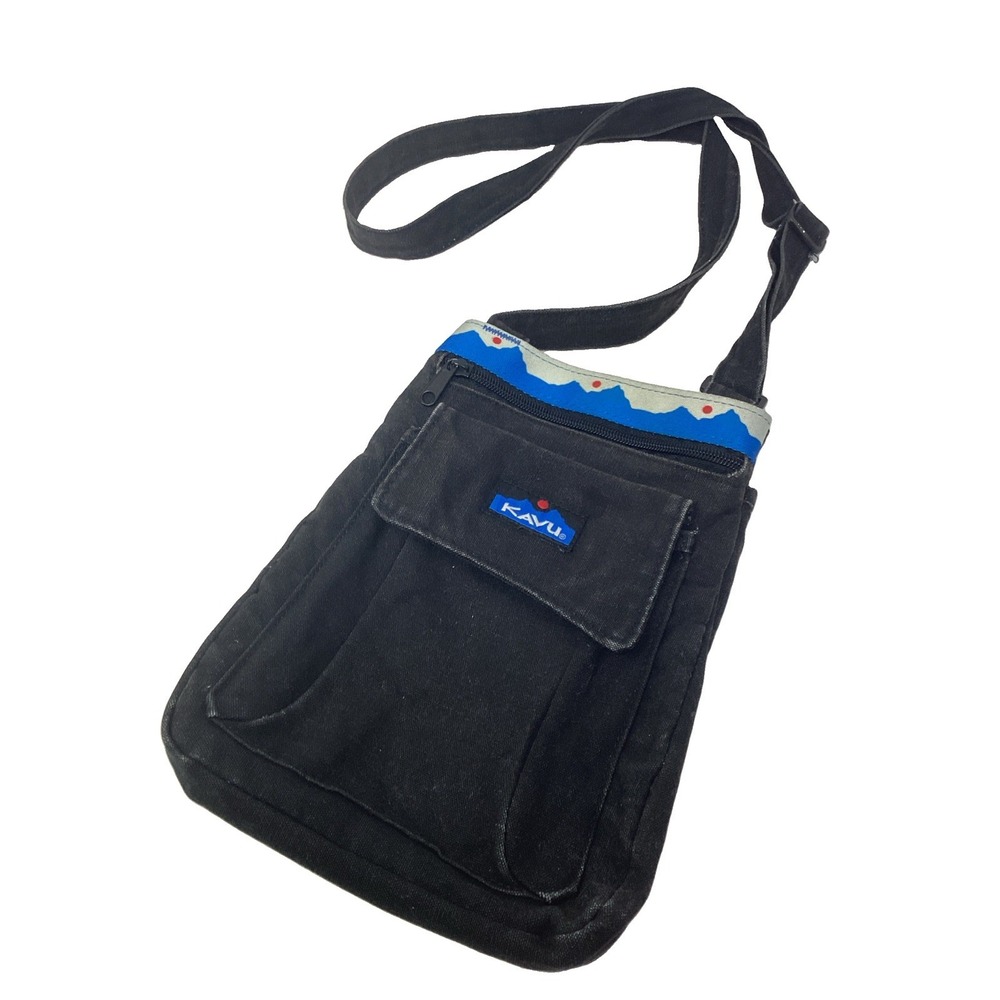 Kavu Black Denim Bag Crossbody  Adjustable Canvas Blue Logo Red Sun